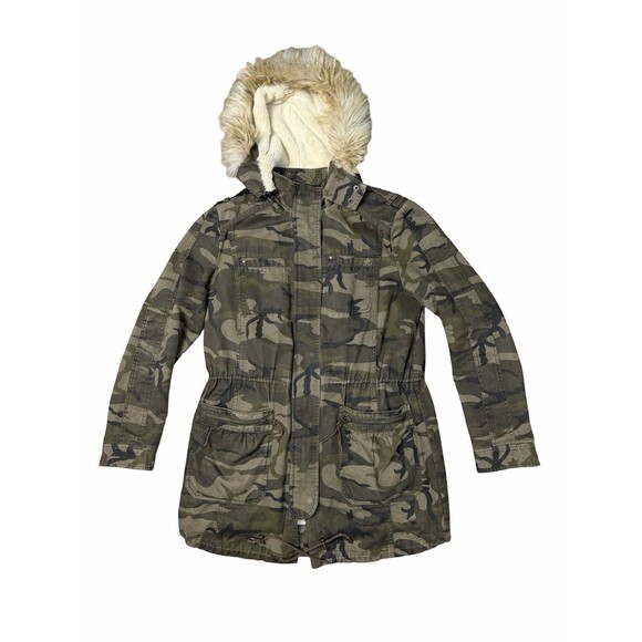 Express Women’s Sz M Camo Hooded Coat Jacket Soft Faux Fur Lined Removable Vest - Picture 2 of 16